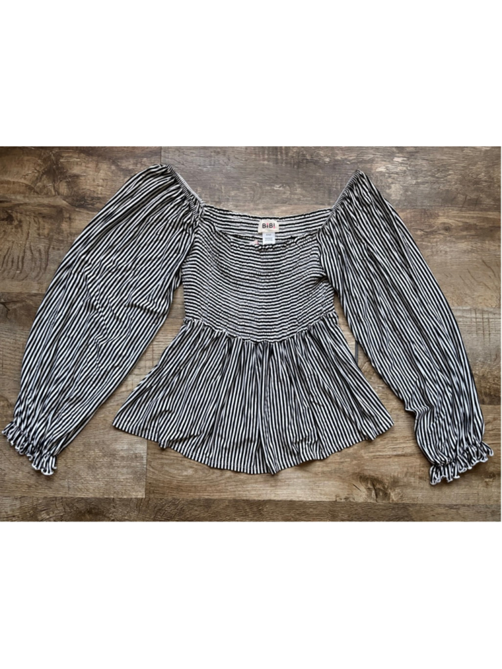 BiBi Striped Smocked Peplum Top Size M